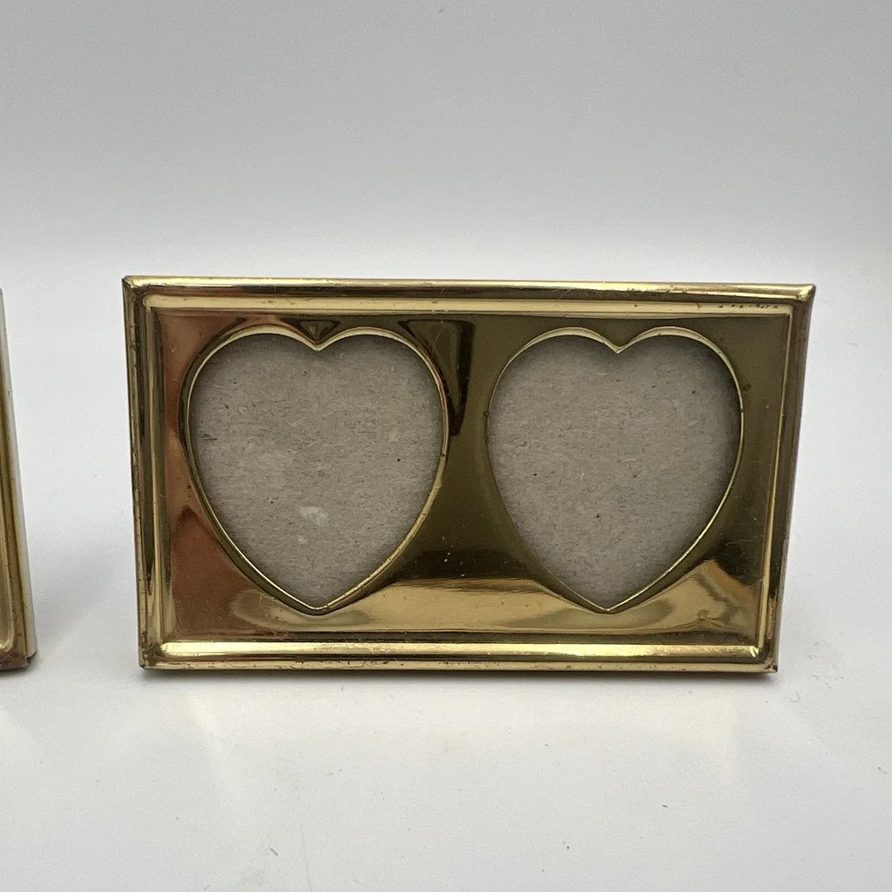 Vintage Solid Brass Double Heart Shaped Mini Picture Frame Lot of 2 Rectangle